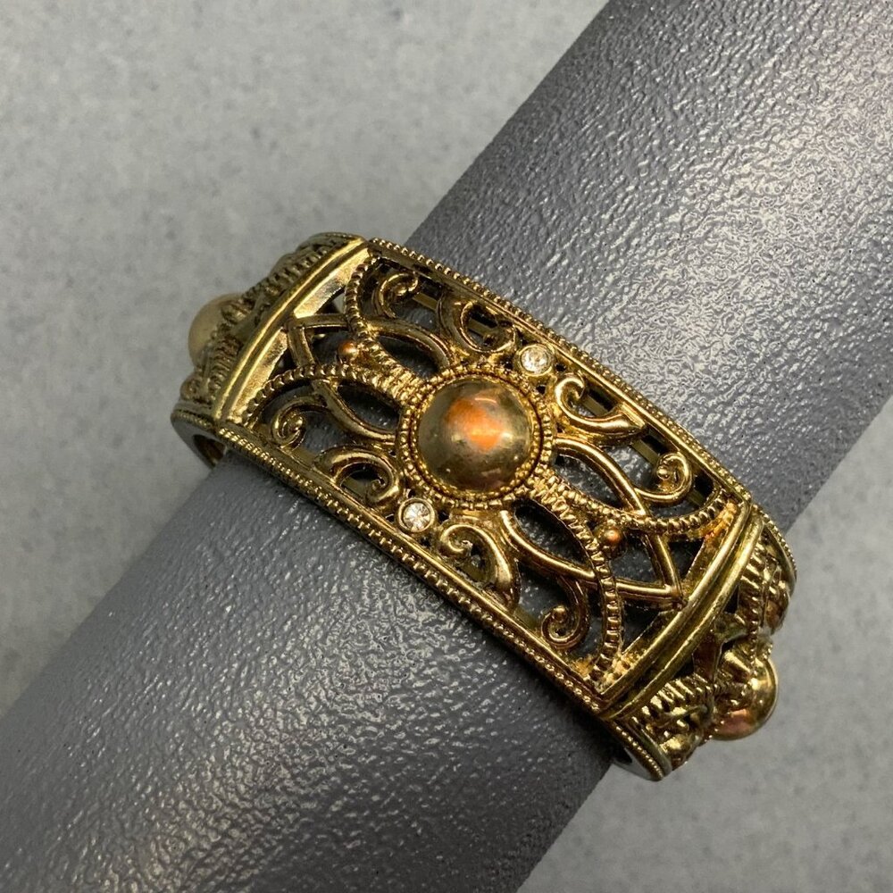 Vintage Stretch Bracelet 7 In Gold Scroll Rhinestone Copper Dome Swirl Bling - Picture 5 of 6